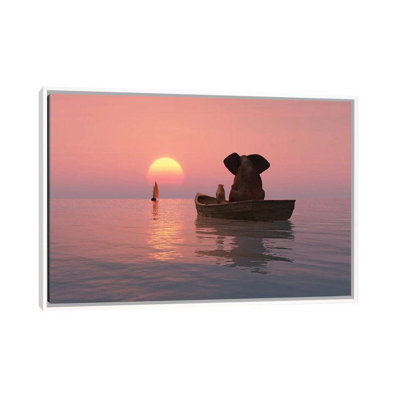 «Elephant and Dog Are Floating in a Boat at Sunset» par Mike Kyivi, reproduction d'impression, Pas de tapis