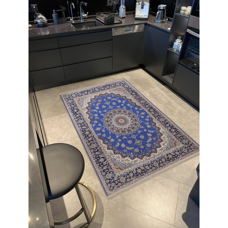 Tapis décoratif à motifs bleus et noirs, Rectangle 3 pi 11,24 po x 5 pi 10,87 po