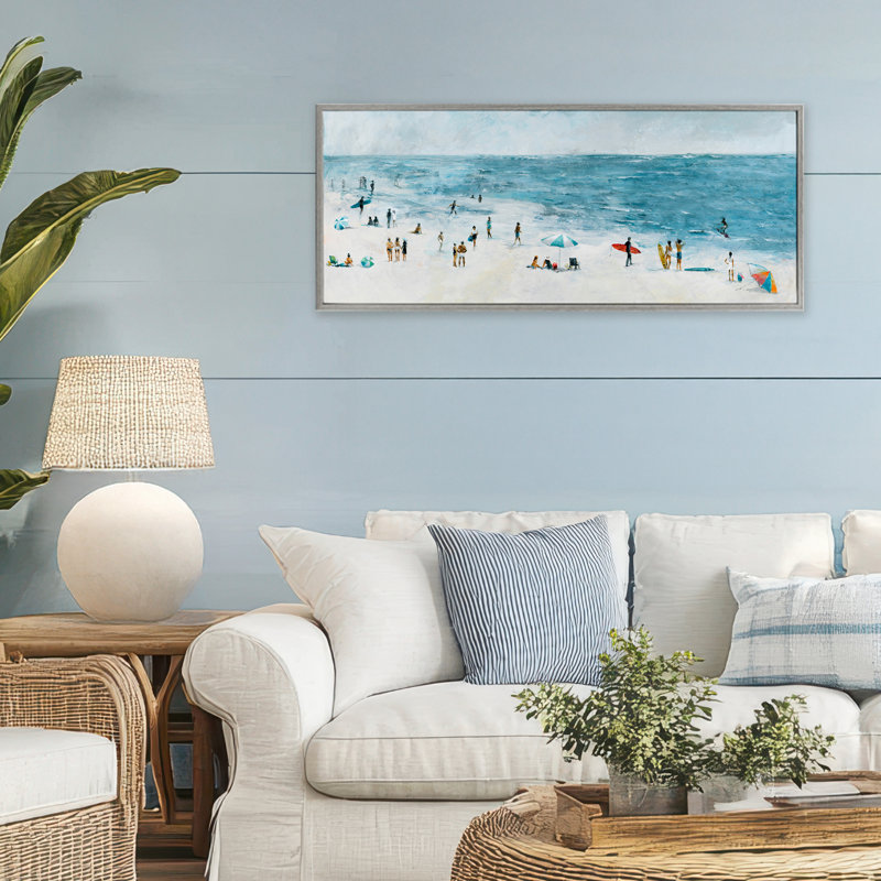 Scène côtière Busy Beach, giclée encadrée, design par Lorenzo Collective, H 13 po x l 30 po, Estampe numérique Farmhouse