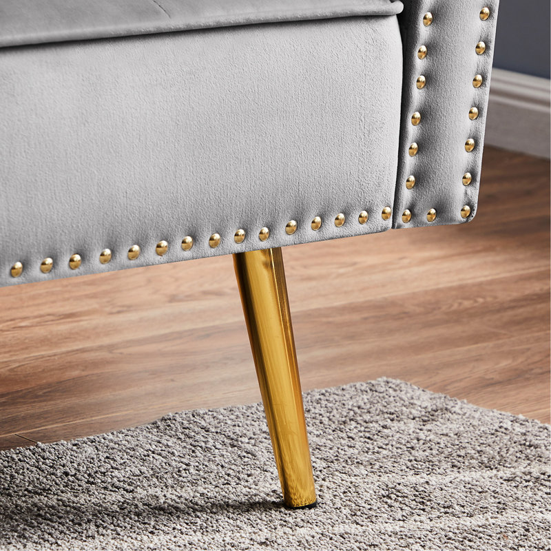 Instructions d'assemblage pour canapé confortable en velours gris avec base en métal et sièges spacieux, Gris clair