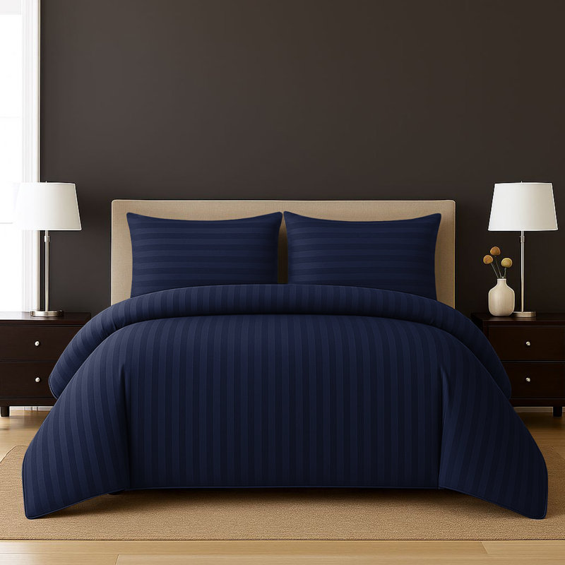 Microfiber Stripe Duvet Cover Set – Soft Luxury Striped Bedding Set For Modern Bedroom Décor, Navy