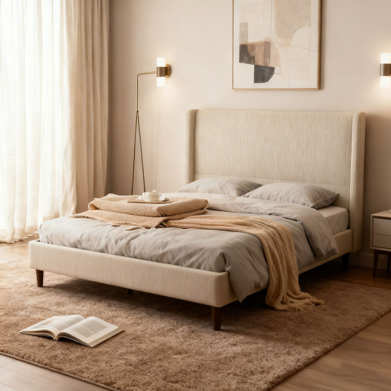 Lit tapissier à tête haute haute, tissu chenille, aucun sommier nécessaire, Grand, Lin beige