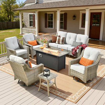Daliya 7 - Person Outdoor Wicker Patio Conversation Furniture Set With Fire Pit Table And Swivel Rocking Chairs