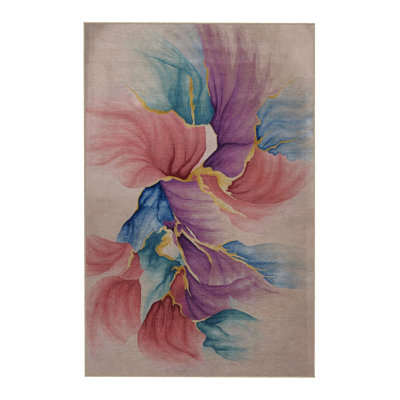 Machine Washable Abstract Floral Marbled Patterned Blue and Pink Modern Decorative Area Rug