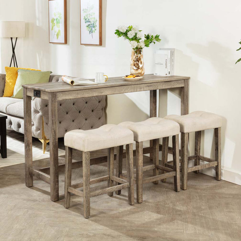 4 Piece Bar Table Set with Power Outlet, Brown, Beige/Brown