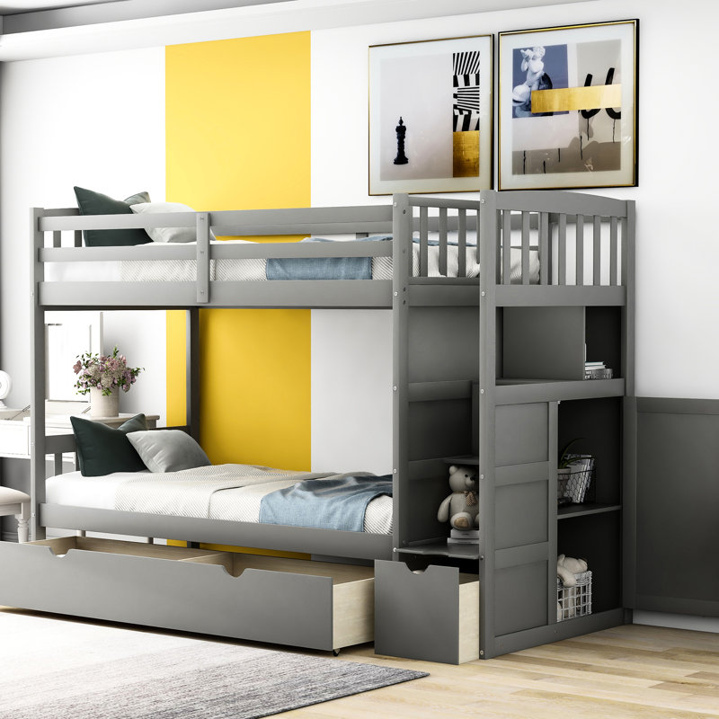 Lit superposé avec dessus simple et bas polyvalent - gris, espace de rangement simple / double