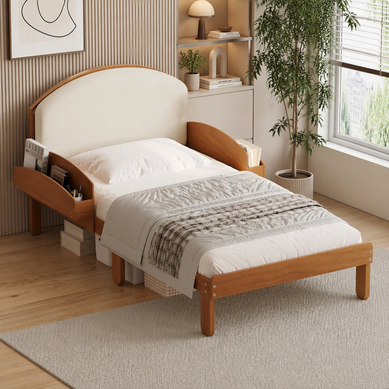 Lit simple avec tête de lit rembourrée et tablettes, Noyer