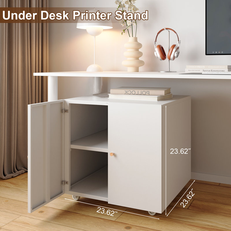 White Metal Mobile Printer Stand with Storage Cabinet
