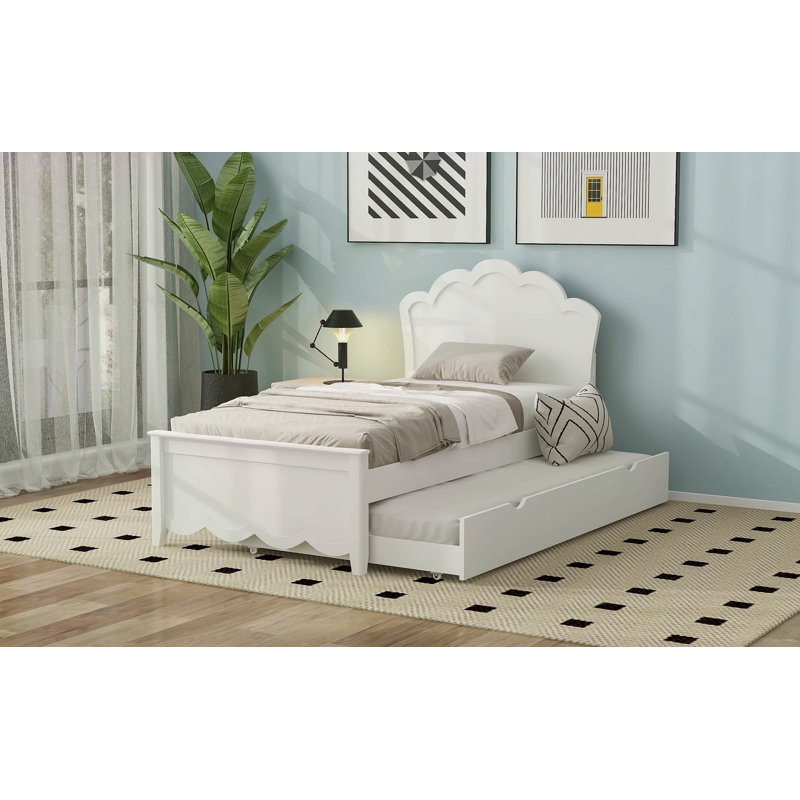 Lit plateforme en bois avec tête de lit et lit gigogne, Lit simple