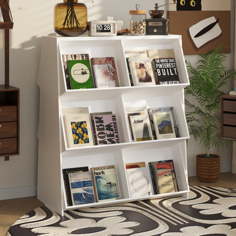 Modern Double-Sided Magazine Rack And Bookshelf Organizer With 12 Storage Compartments, Freestanding Display Shelf For Living Room Or Office, 47.2” High White Storage Cabinet