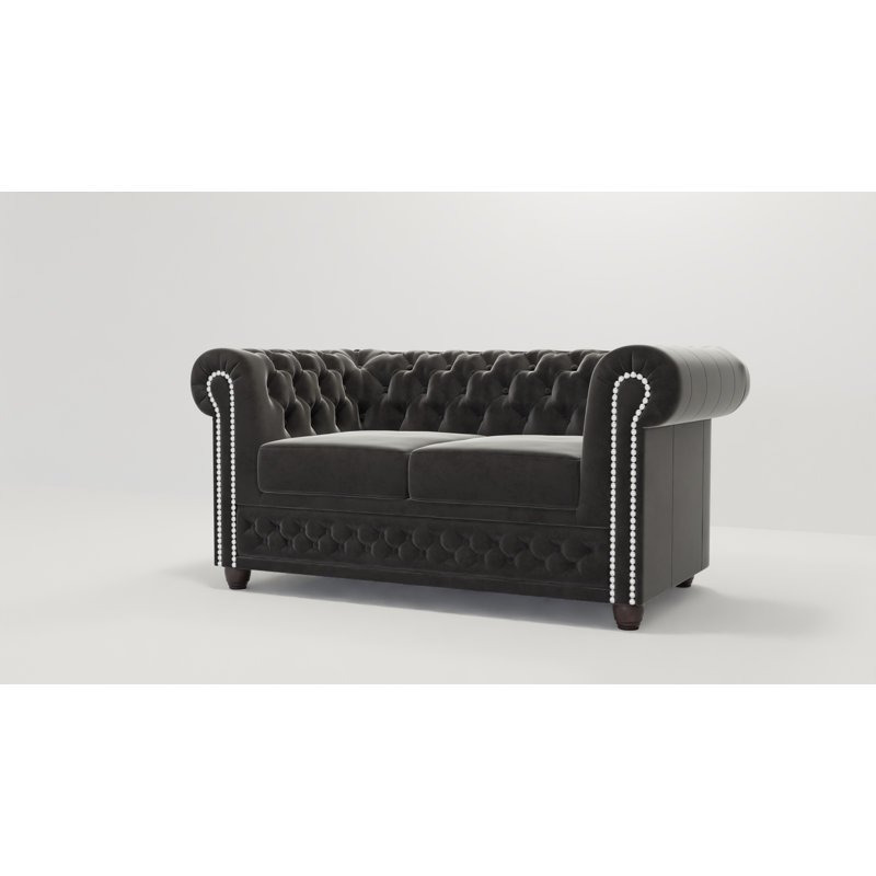 Chesterfield Hanna 2 Seater Sofa with Sleeping Function Made of Velvet Fabric with Solid Wood Legs, Black