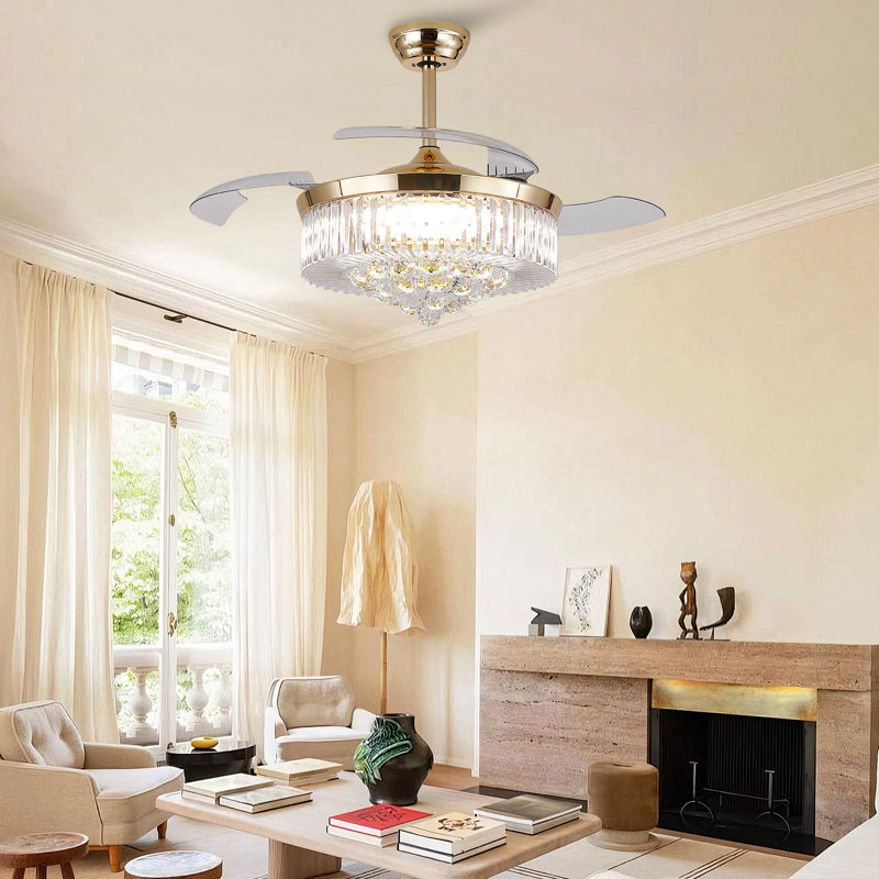 48" Dimmable Crystal Ceiling Fan With Led Lights And Remote Control, Gold with GOLD