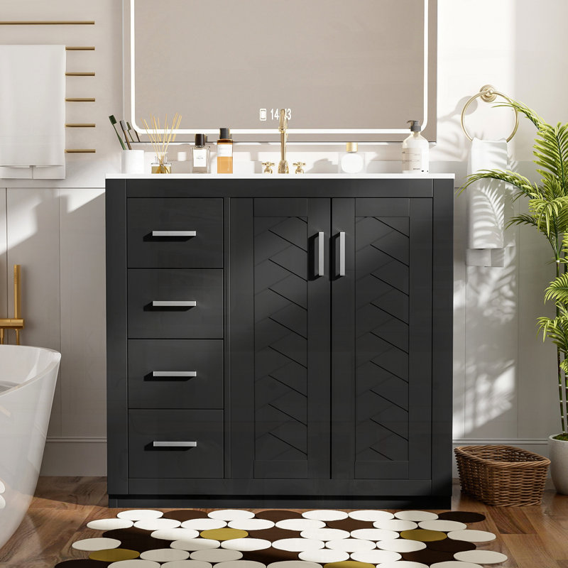 Meuble-lavabo autoportant en bois massif avec lavabo et tiroirs en céramique, Noir