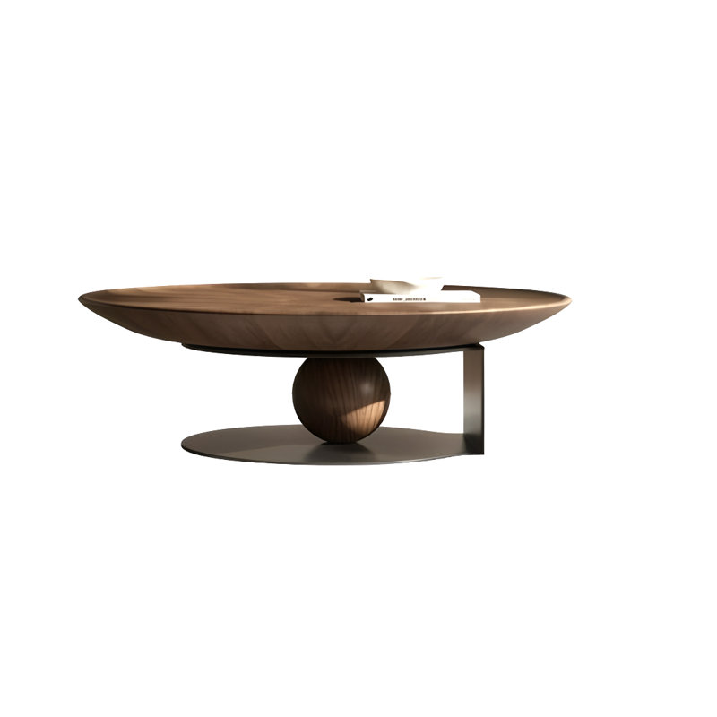Kemare Carbin No-Assembly Requied 39.37'' Handmade Walnut Round Solid Wood Coffee Table With Spherical Base, Carbon Steel Frame