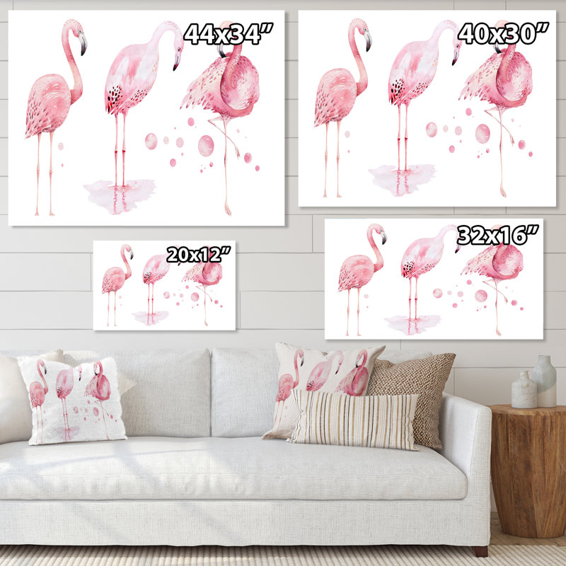 Flamants roses sur fond blanc, reproduction sur toile, Toile tendue, H 12 po x l 20 po