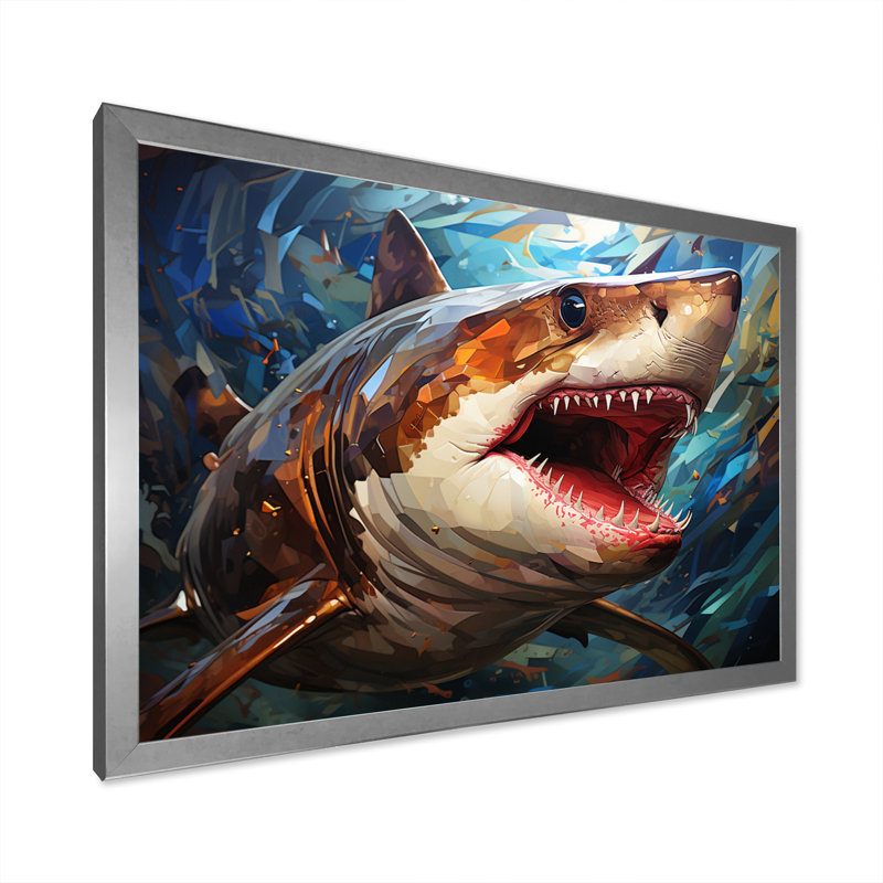 " Blue Shark Predators Glare Geometric II ", 30" H x 40" W x 1.5" D, Silver Single Picture Framed