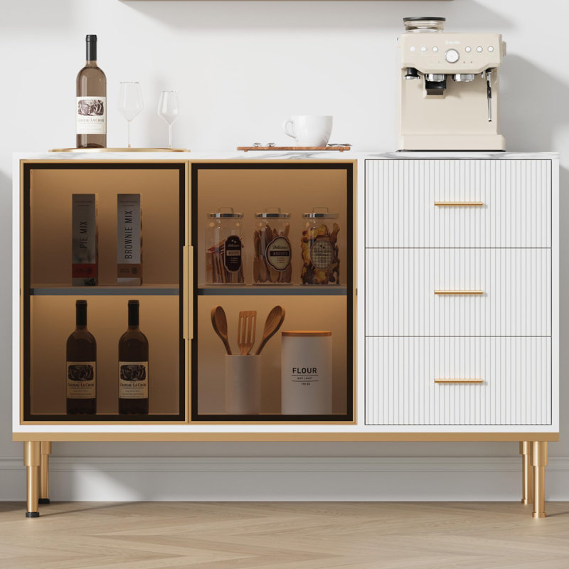 Buffet 46,4 "cannelé avec portes en verre, 3 tiroirs et plateau en faux marbre pour la salle à manger, Blanc