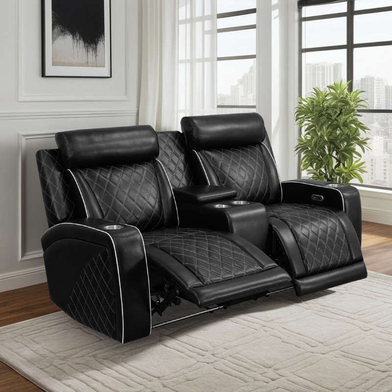 72.6" Breathable Leather Dual Power Recliner Loveseat With Console, USB, LED & Cup Holder