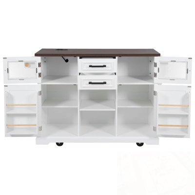 Kitchen Island with Drop Leaf, Power Outlet and 4 Door Shelves