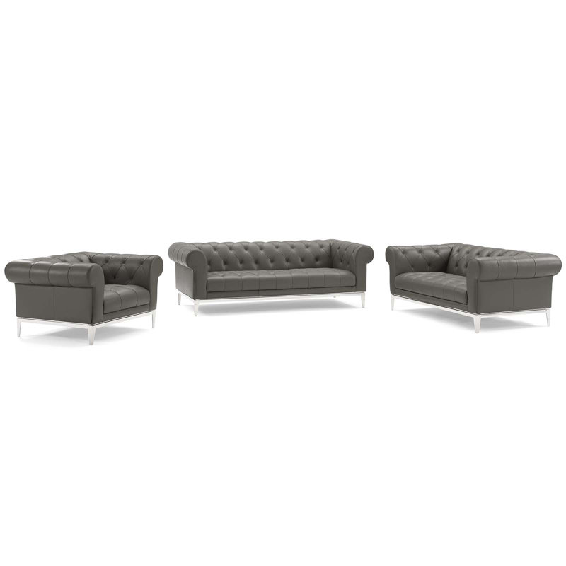 Idyll Tufted Upholstered Leather 3 Piece Set, Gray Leather Match