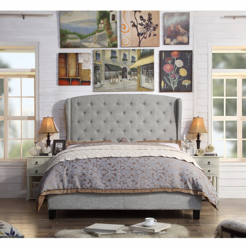 Siebert Upholstered Wingback Bed, Gray, Full