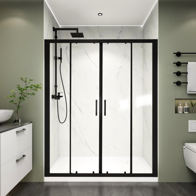 Double Framed Sliding Shower Door In Matte Black 60.W X 72.H, 1/4" Clear Tempered Glass, Structure, Protection 72.H Door, Wide Entrance,