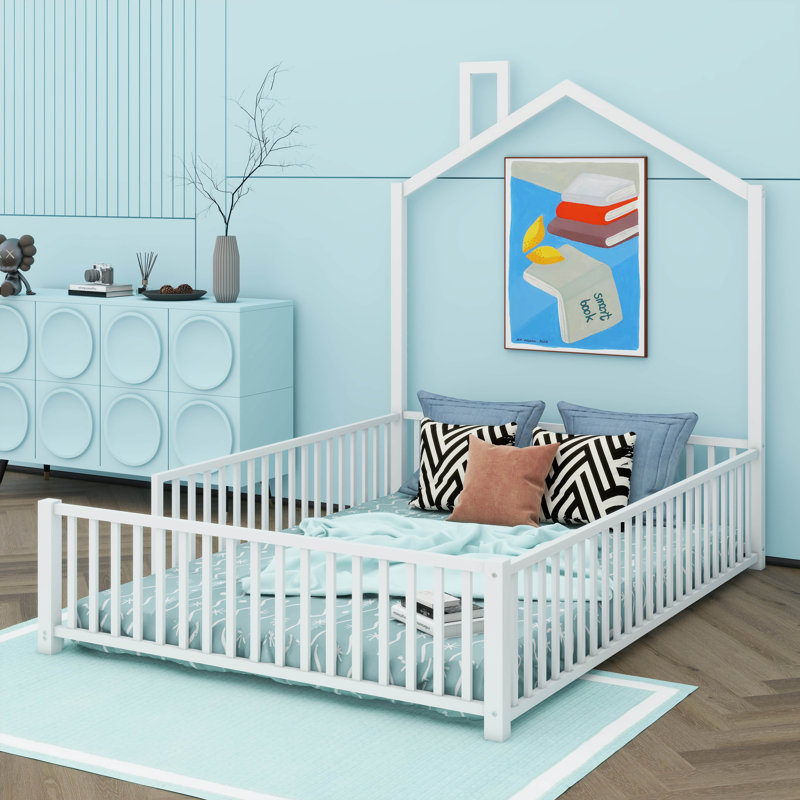 Metal House Platform Bed With Guardrail, White, Full