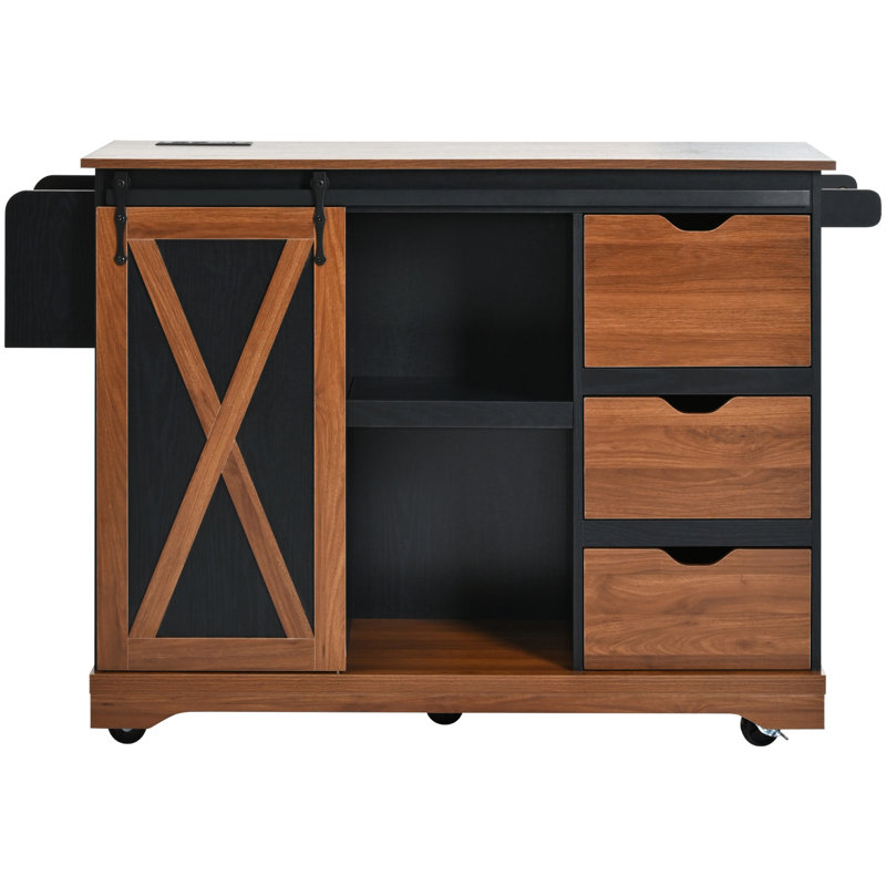 55.5 - Inch Kitchen Cart With Drop Leaf, Barn Door, Charging Station, Adjustable Shelf, And Rolling Wheels, Black, For Organized Black 55.5" Island Sliding Storage Shelves, Spice Rack, Use