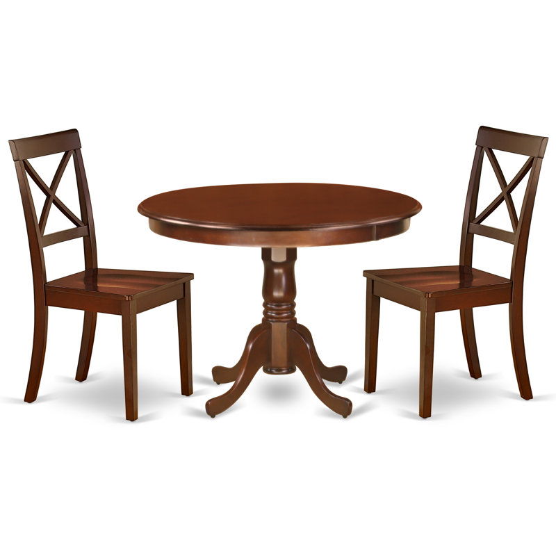 3 Piece Dining Room Furniture Set Contains a Round Kitchen Table with Pedestal and 2 Dining Chairs, Mahogany