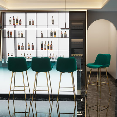 Set of Bar Stools, Velvet Upholstered Fabric Counter Stool With Solid Metal Frame and Velvet Low Back Armless