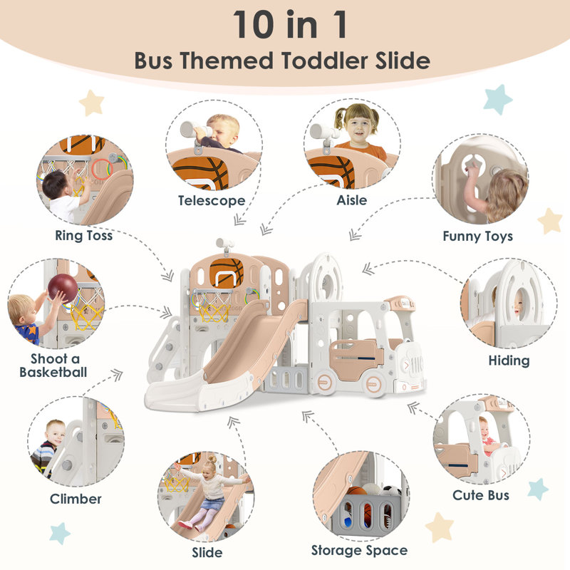 Beige and White 10-in-1 Toddler Slide Playset with Basketball Hoop
