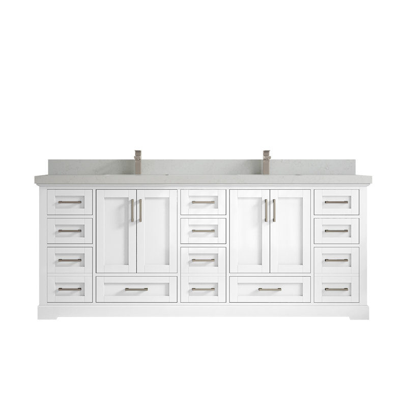 Eser 84'' Double Bathroom Vanity with Top, White, Carrara Gray Quartz