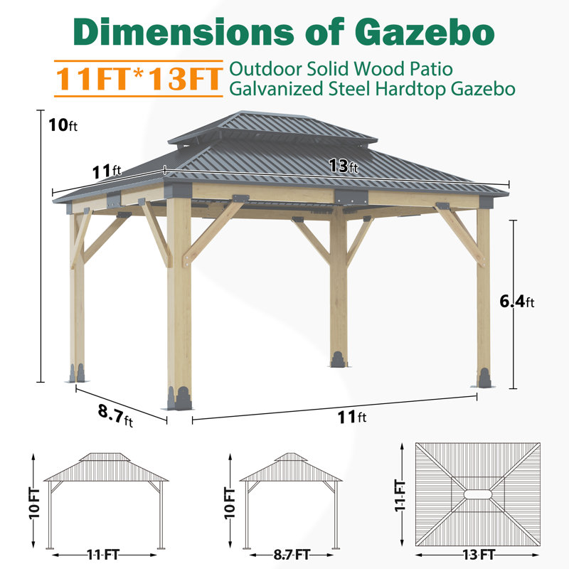  Pavillon de jardin en bois 11 po x 13 pi, pavillon de jardin à toit rigide en acier pour l'extérieur, pavillon de jardin en bois de cèdre avec double toit en métal, convient pour les patios, la pelouse et la cour