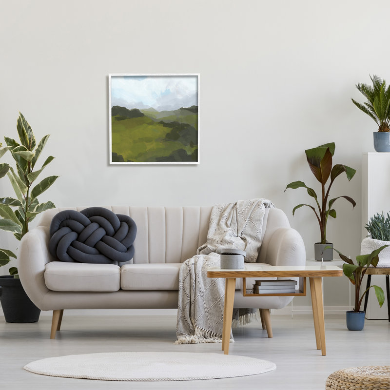 Paysage de prairie vert épais nuageux, Giclée encadrée blanc bord de mer, H 24 po x l 24 po