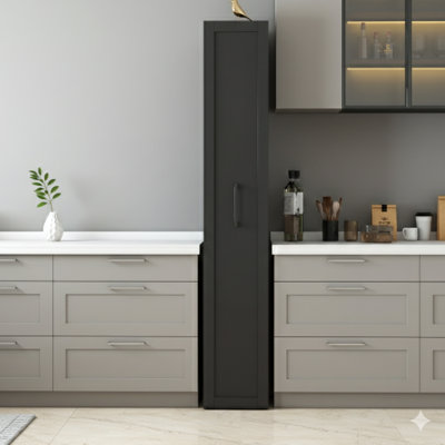 Black, Large, Slim Storage Cart On Wheels, Narrow Kitchen Rolling Cabinet With Handle, Wooden Spice Rack For Space Next To Refrigerator, Pantry Shelf Unit For Compact Kitchen Areas