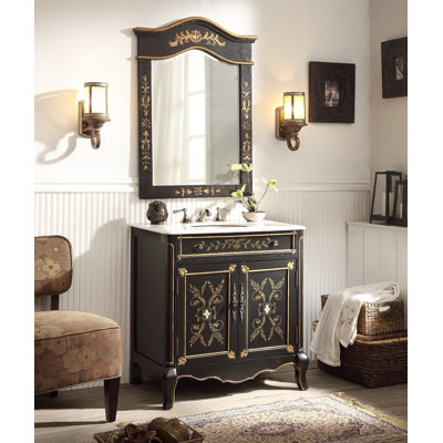 32" Black Hand-Painted Floral Motif Decoroso Bathroom Vanity