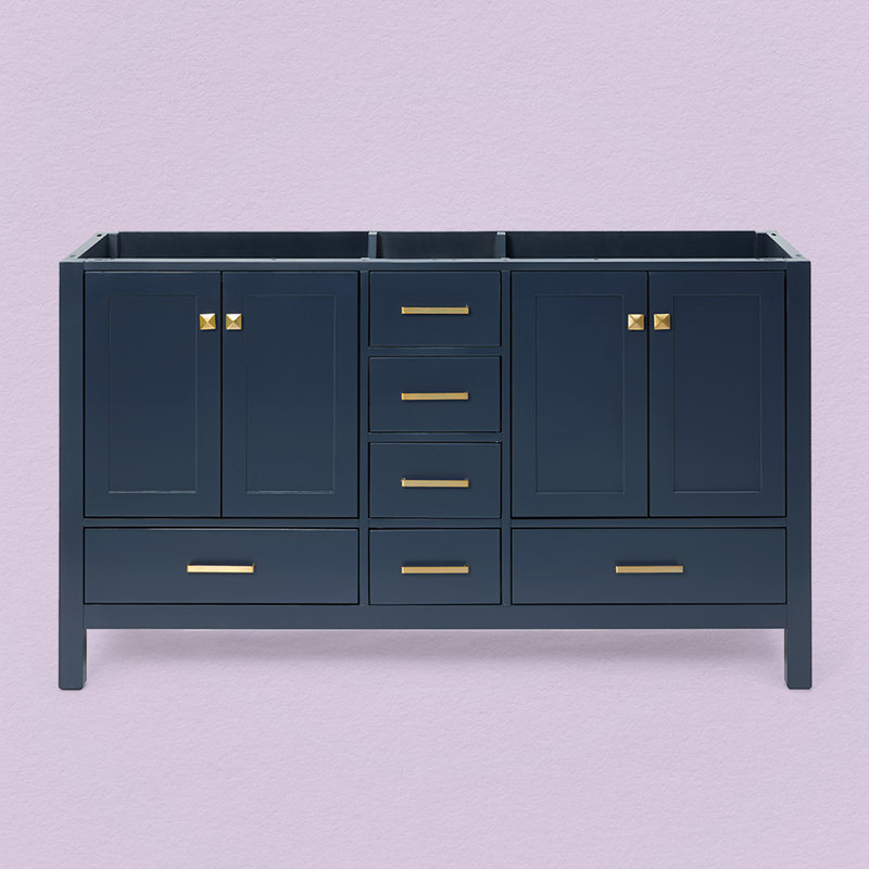Cambridge 60'' W Double Bathroom Vanity Base, Satin Brass, Midnight Blue