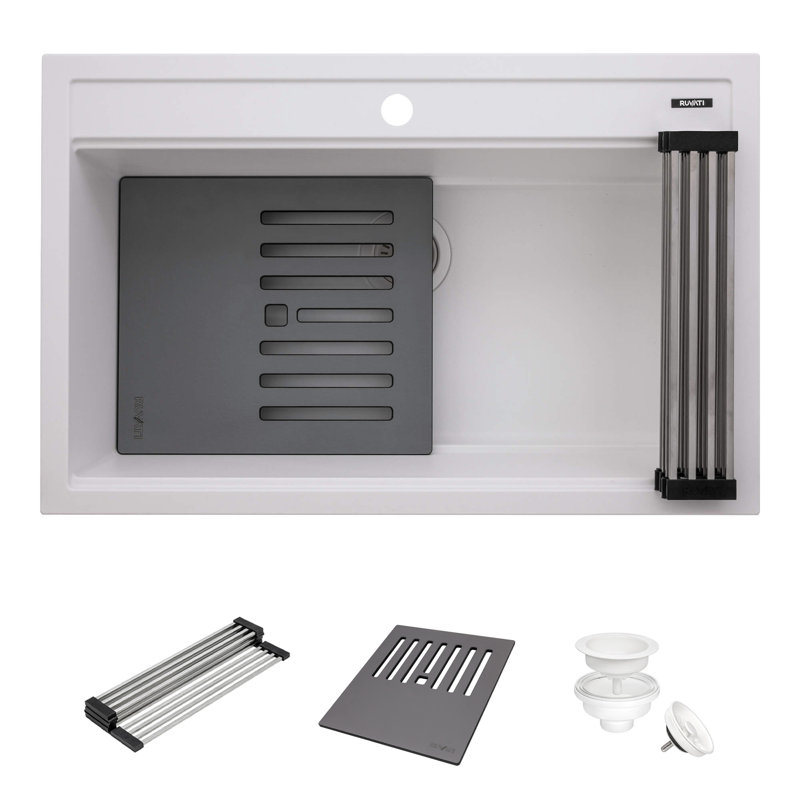 33.87'' L Drop-In Double Bowl Granite Kitchen Sink, Warm White