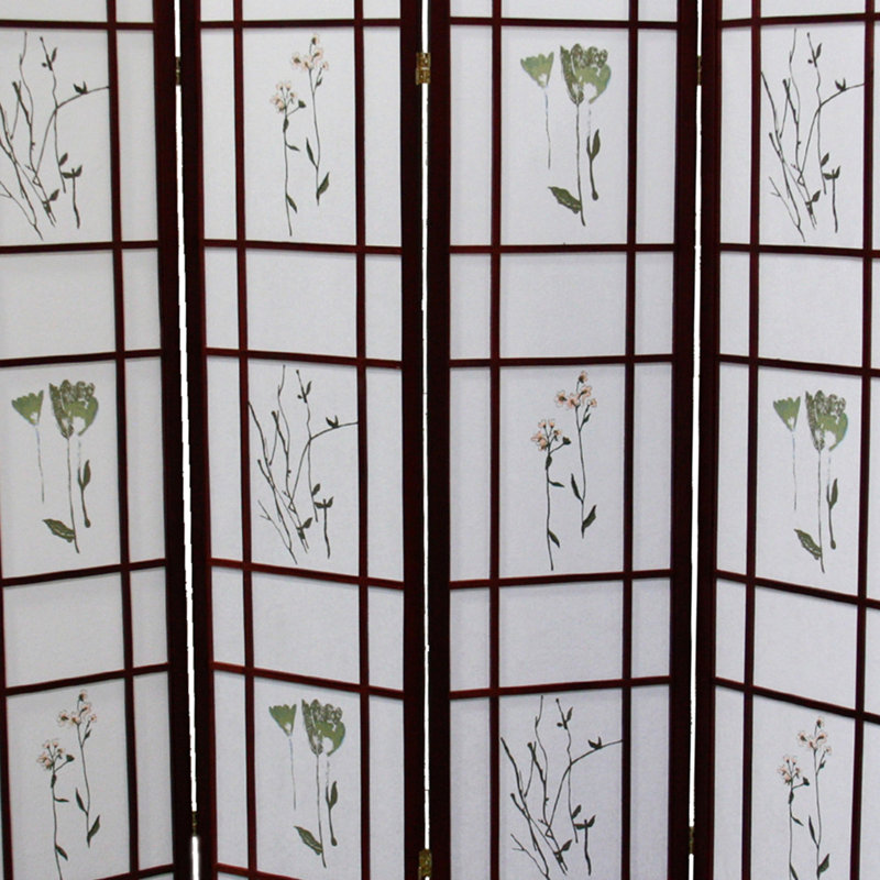 Cloison de 4 écrans de 70 po de hauteur, cerisier avec motif floral asiatique, clôture en bois de cerisier