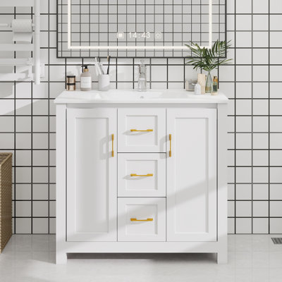 Meuble-lavabo blanc 36 po avec lavabo simple, armoire encastrée combinée, armoire de rangement avec 2 portes et 2 tiroirs, fermeture en douceur, rangement multifonctionnel