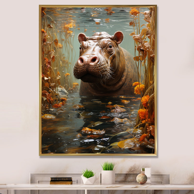 Hippopotame gris - Gardien de la savane II - Hippopotame, Cadre flottant doré, H 32 po x l 16 po x P 1 po