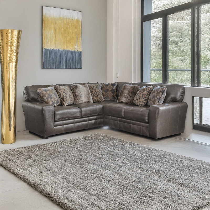  Hopwood 104" Wide Genuine Leather L-Shaped Corner Sectional, Gray Genuine Leather