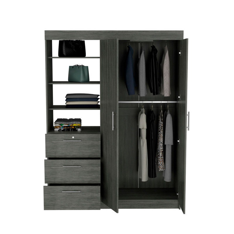 Armoire Kenya avec porte double, trois tiroirs, tablette à 3 niveaux et double tringle, null