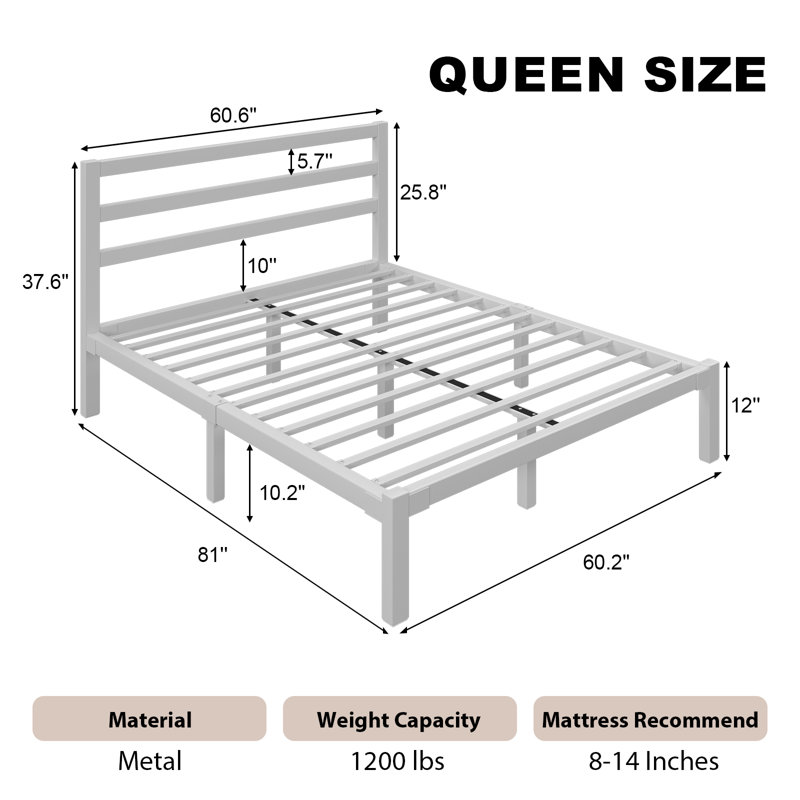 Lavallee Bed Frame with Simple Style Headboard, Solid Steel Slat Support, Enough Storage Space, White, Queen
