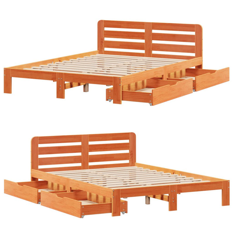 Bed Frame Without Mattress 140X190 Cm Solid Wood Pine, Kingsize (5'), Wax Brown