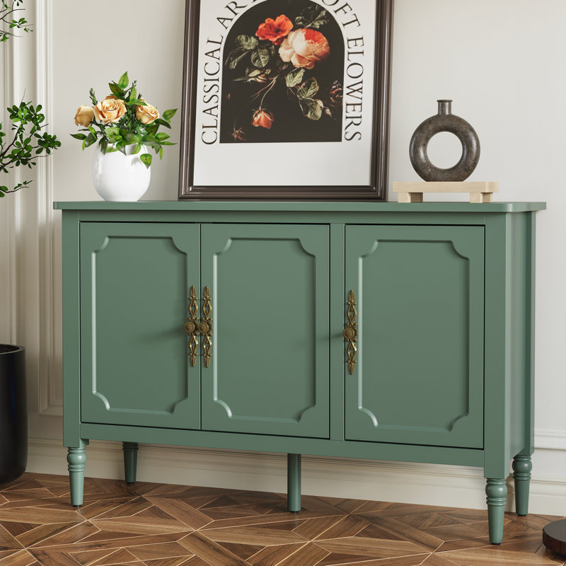 3-door Storage Cabinet With Adjustable Shelves And Turned Legs, Green