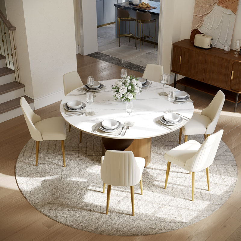Ensemble de salle à manger moderne, ensemble de table de salle à manger ronde pré-assemblé, ensemble de table de salle à manger de cuisine en pierre frittée avec chaises rembourrées en similicuir