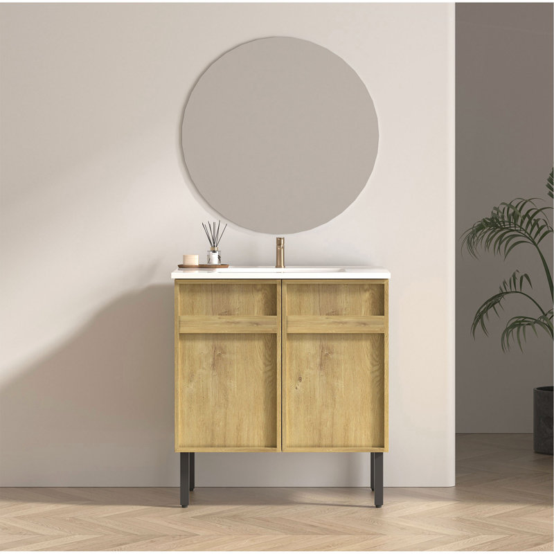 Meuble-lavabo sur pied de 30 pouces avec panneau rainuré 3D et lavabo en céramique intégré