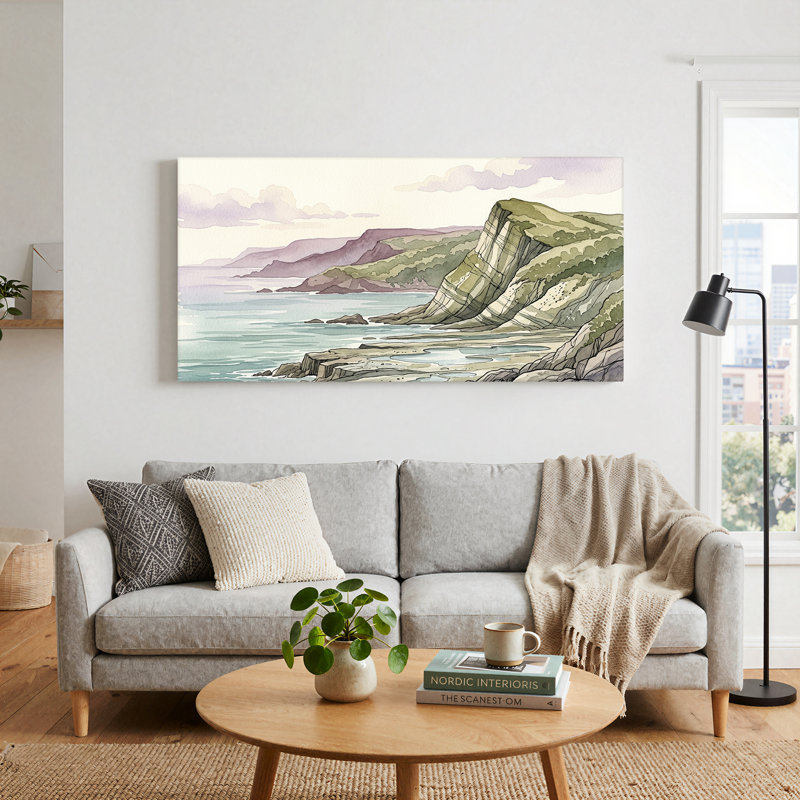 Aquarelle sur toile, "Falaises côtières superposées", L 58 po x H 28 po
