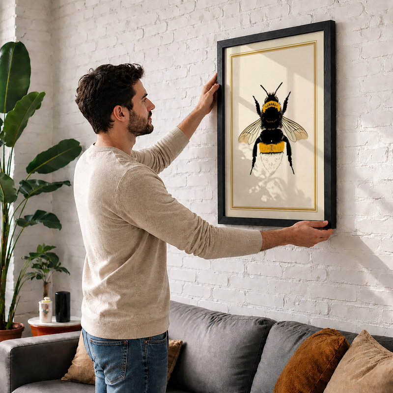 Bumblebee Study Botanical - Framed Print, Walnut, A3 - 42.0 x 29.7 cm
